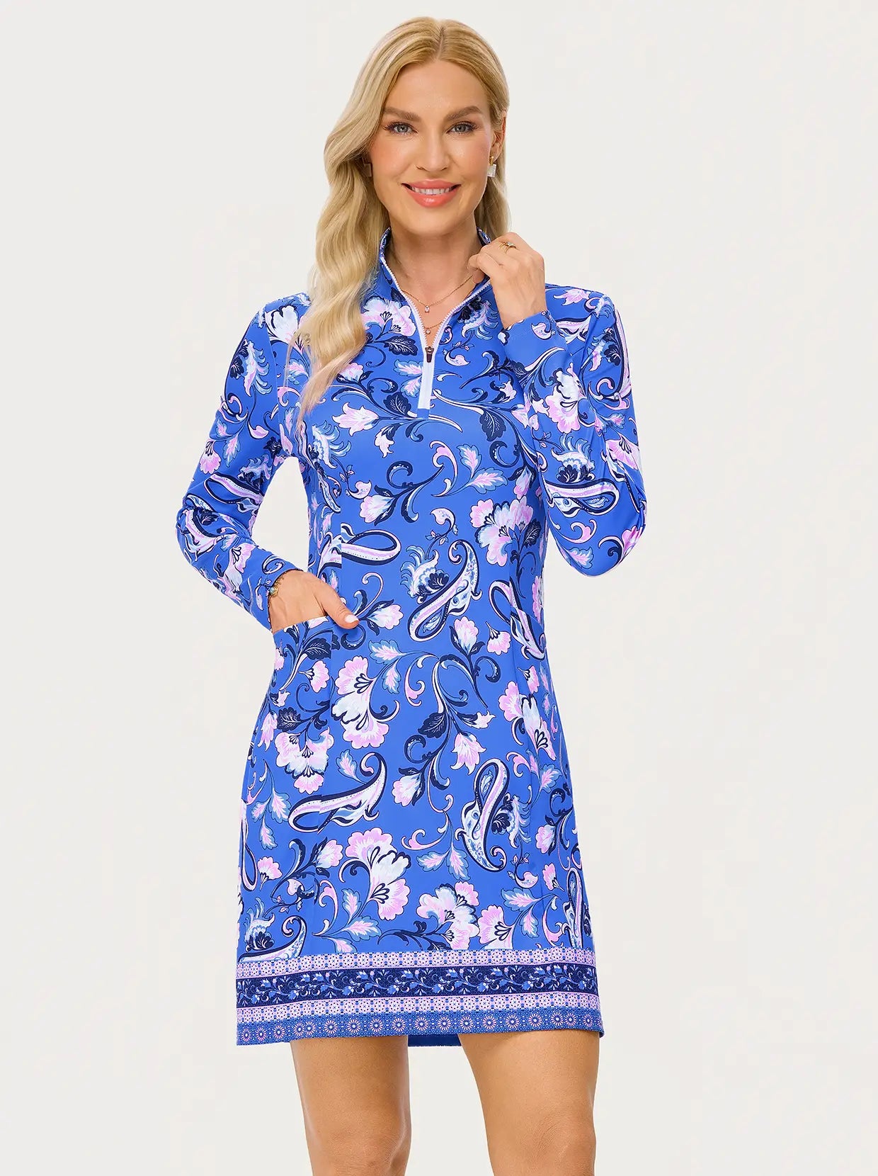 35.5" Blue Floral Quarter-zip Long-sleeve Golf Dress with Shorts and Pockets