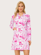 35.5" Pink Peony Stand-collar Long-sleeve Golf Dress with Shorts and Pockets