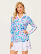 UPF50+ Spring Scenery Print V-neck Long-sleeve Golf Polo Top