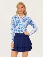 Blue Floral V-neck Long-sleeve Golf Polo Shirt for women