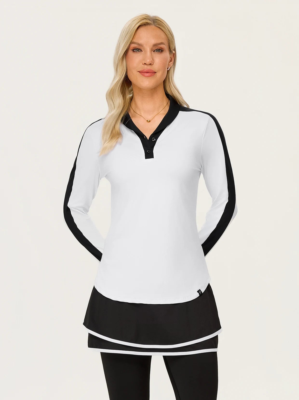 Contrast Button-placket Long-sleeve Golf Polo Shirt
