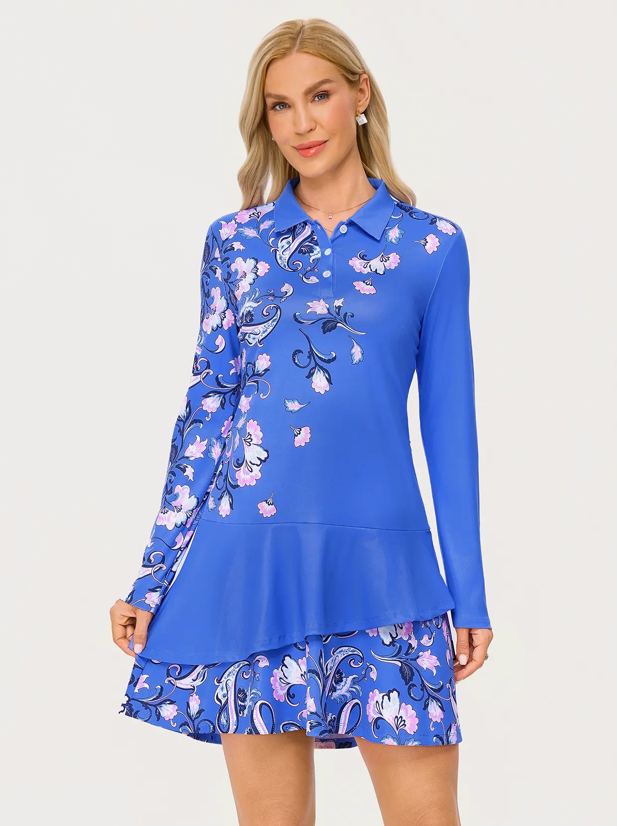 34.5" Blue Floral Button-placket Long-sleeve Polo Dress with Shorts and Pockets