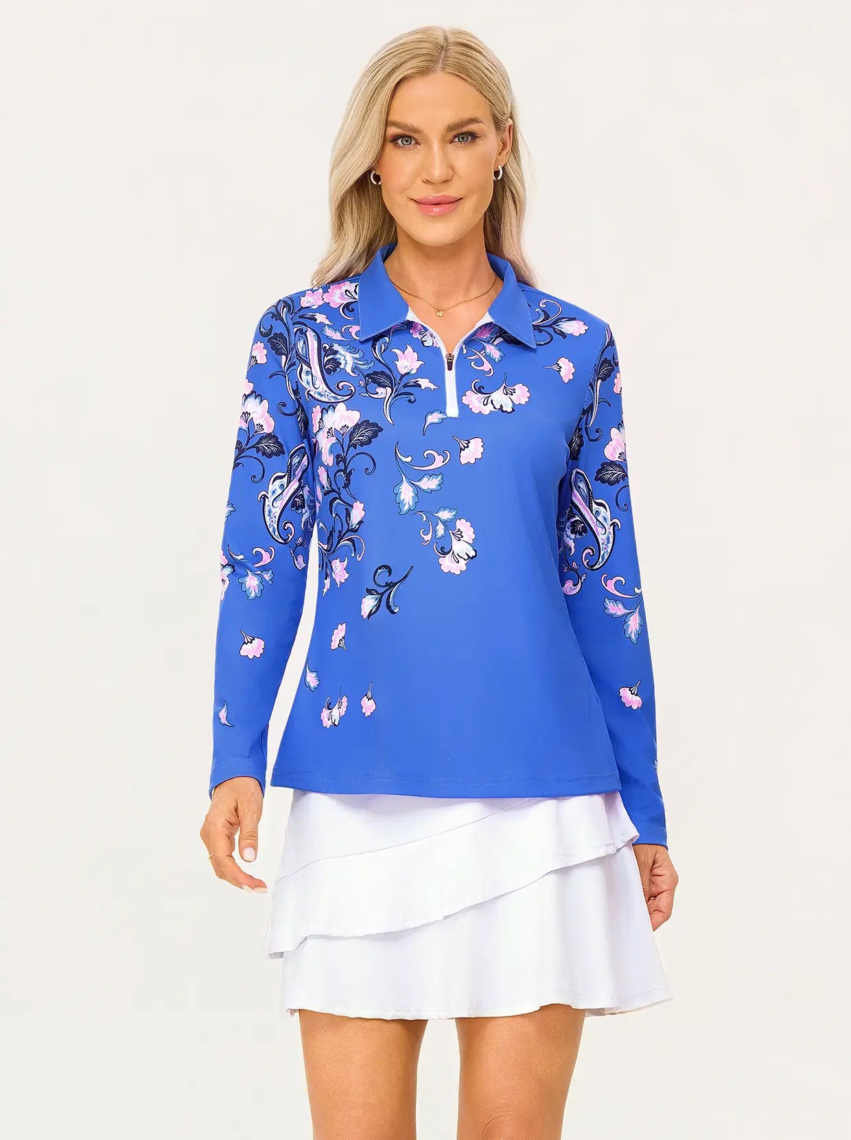 Blue Floral Quarter-zip Long-sleeve Polo Shirt