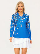 Blue Floral Quarter-zip Long-sleeve Polo Shirt