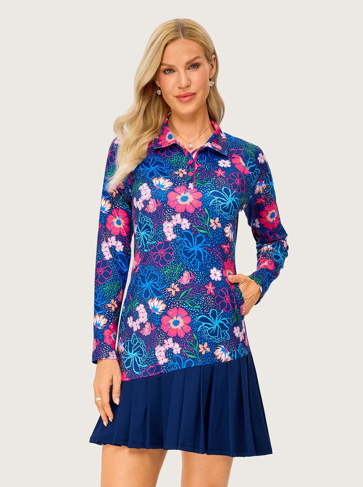Women's 34.5" Floral Print Quarter-zip Pleated Dress with Shorts and Pockets 