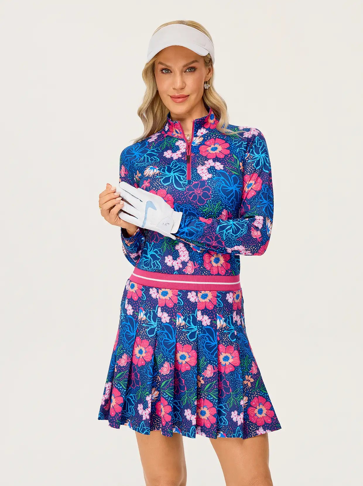 34.5" Floral Print Quarter-zip Pleated Dress with Shorts and Pockets