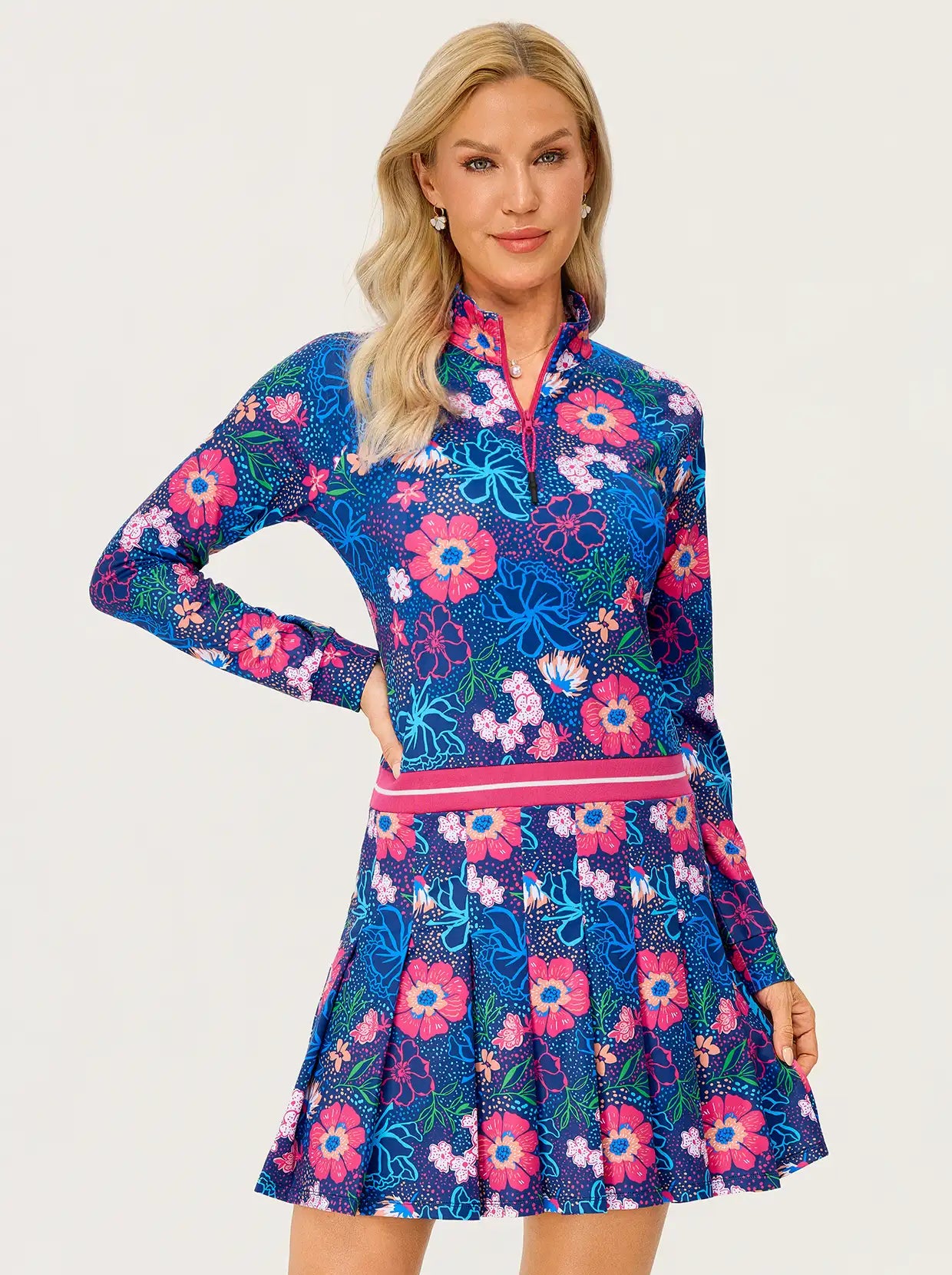 34.5" Floral Print Quarter-zip Pleated Dress with Shorts and Pockets