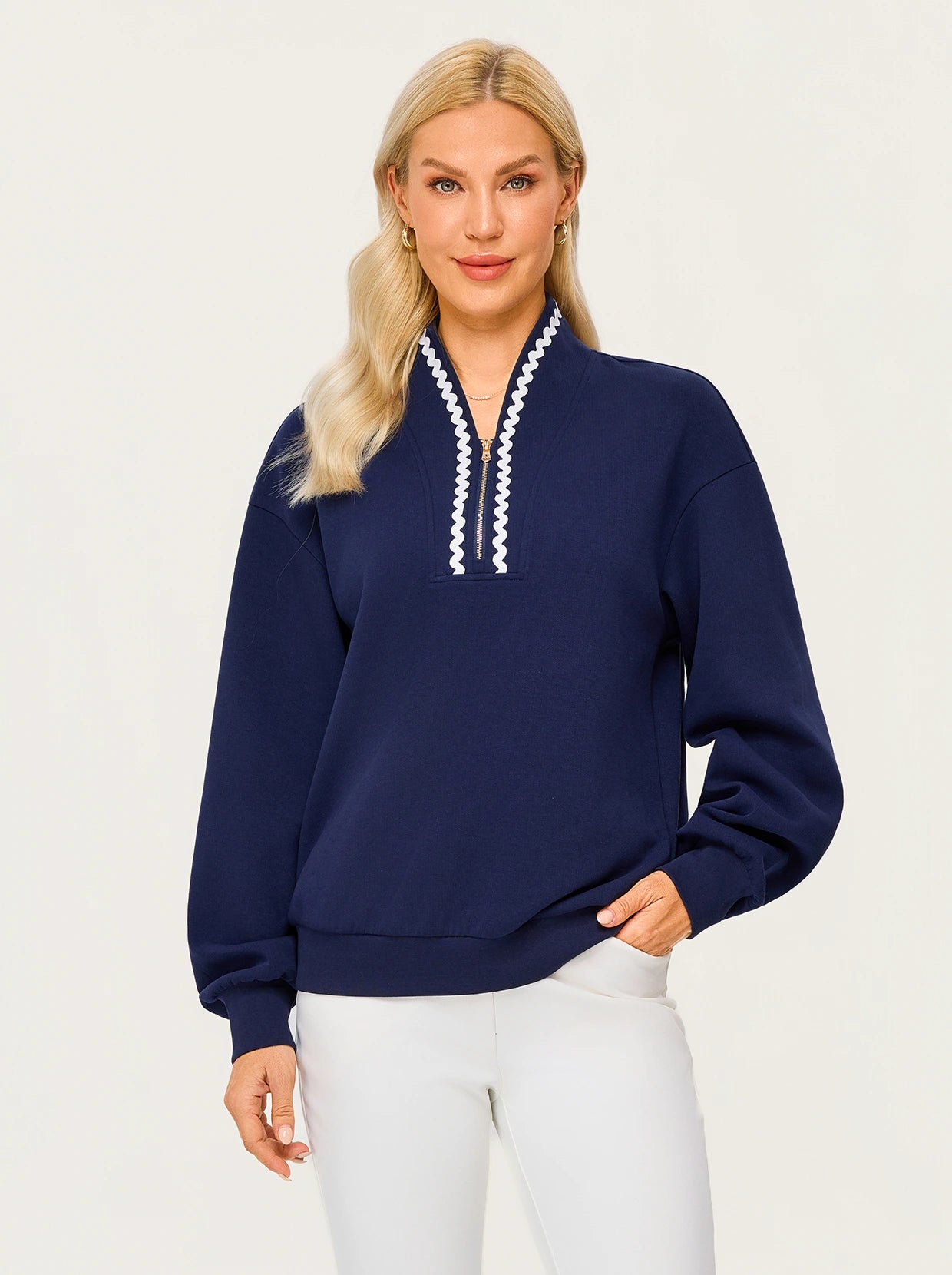 Navy Ricrac Stand-collar Loose Sweatshirt