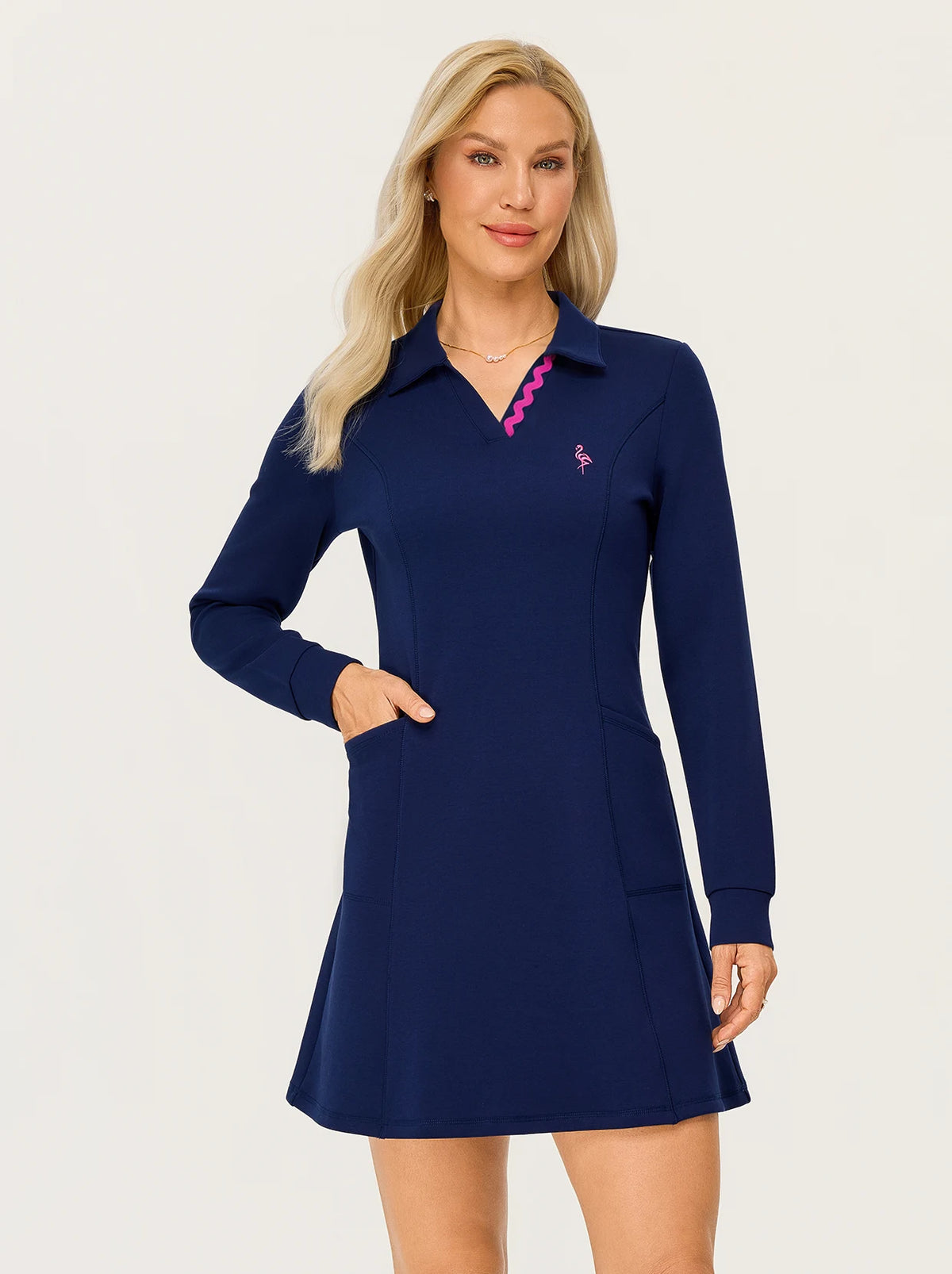 35" Navy V-neck A-line Polo Sweatshirt Dress with Shorts and Pockets