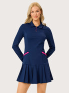 35" Navy Quarter-zip Long-sleeve Polo Sweatshirt Dress with Shorts