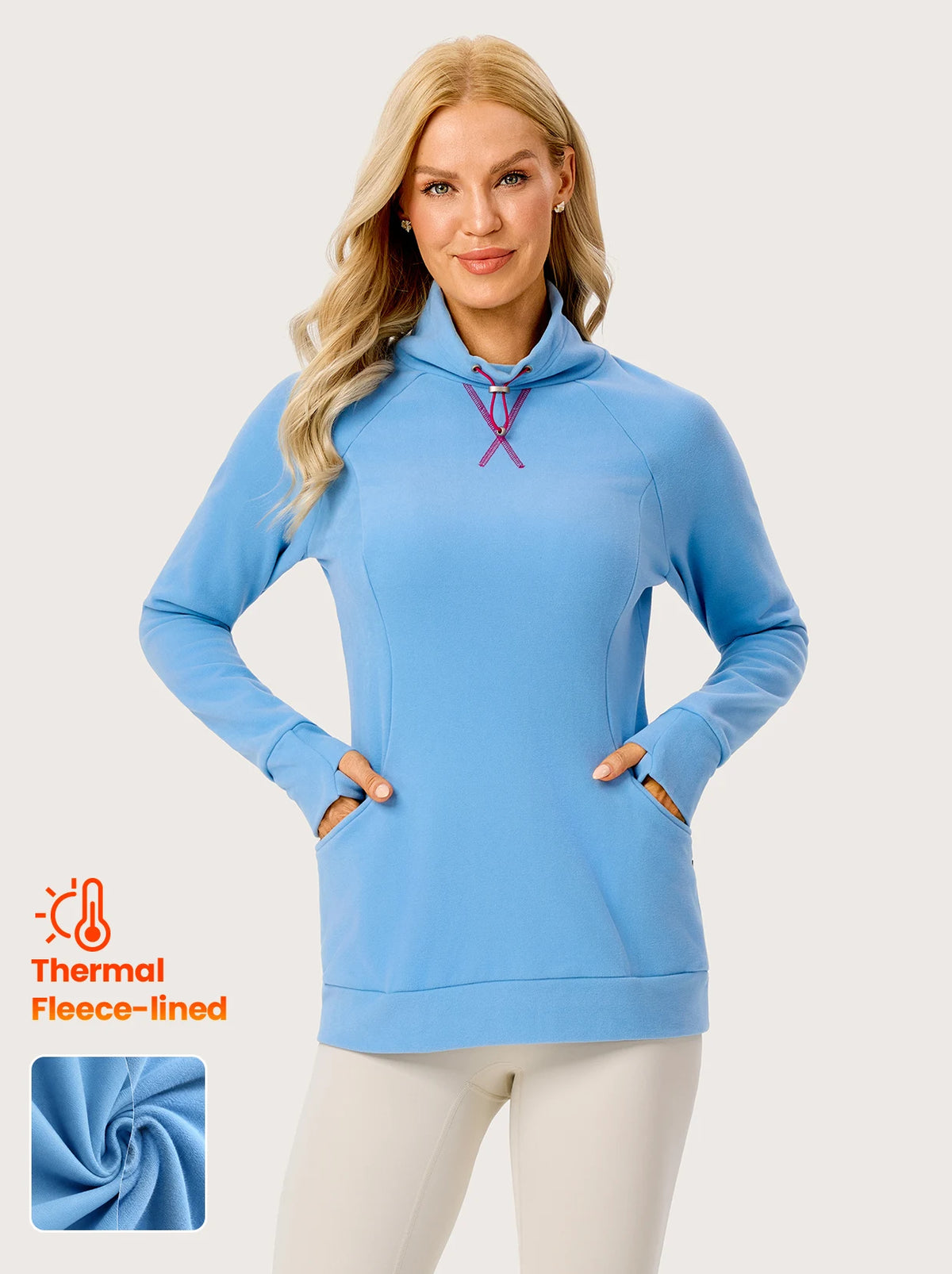 Blue Stand-collar Long-sleeve Thermal Top with Pockets