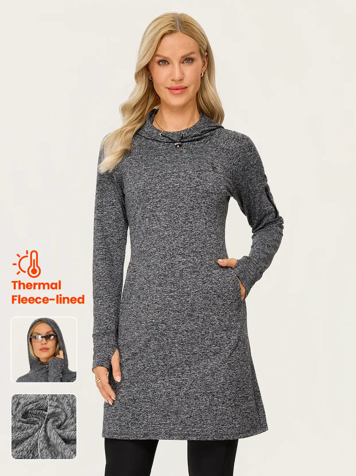 Women's 35" Hooded Long-sleeve Thermal Dress with Pockets