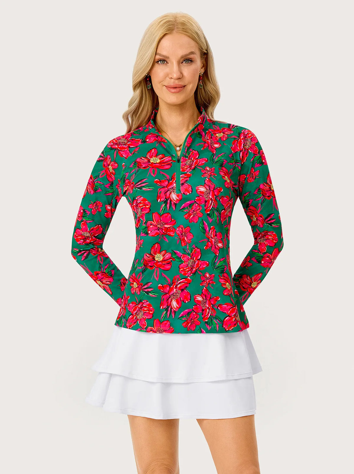 Christmas Red Floral Stand-collar Long-sleeve Golf Polo Shirt