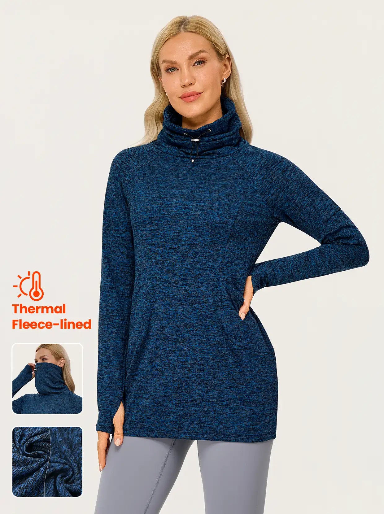 Women's Heathered Blue Long-sleeve Thermal Top with Windproof Mask 