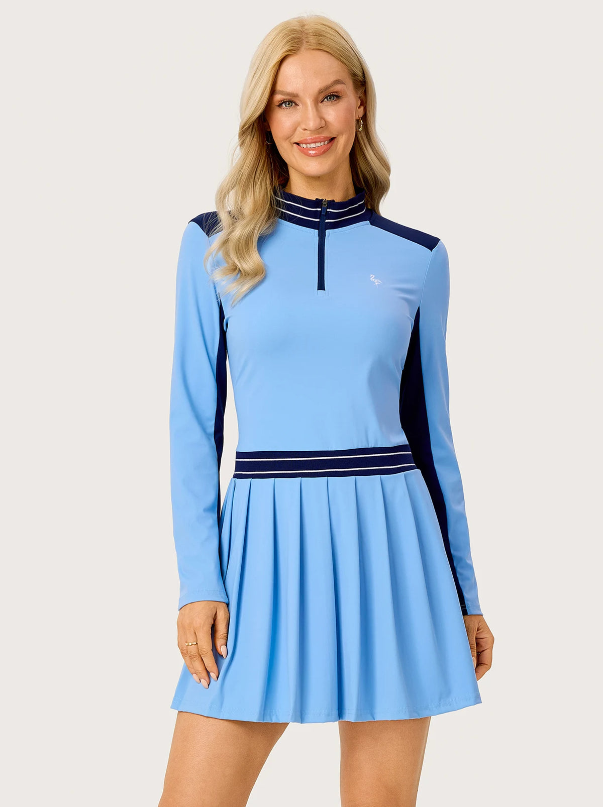 35" Sky Blue Stand-collar Long-sleeve Pleated Dress