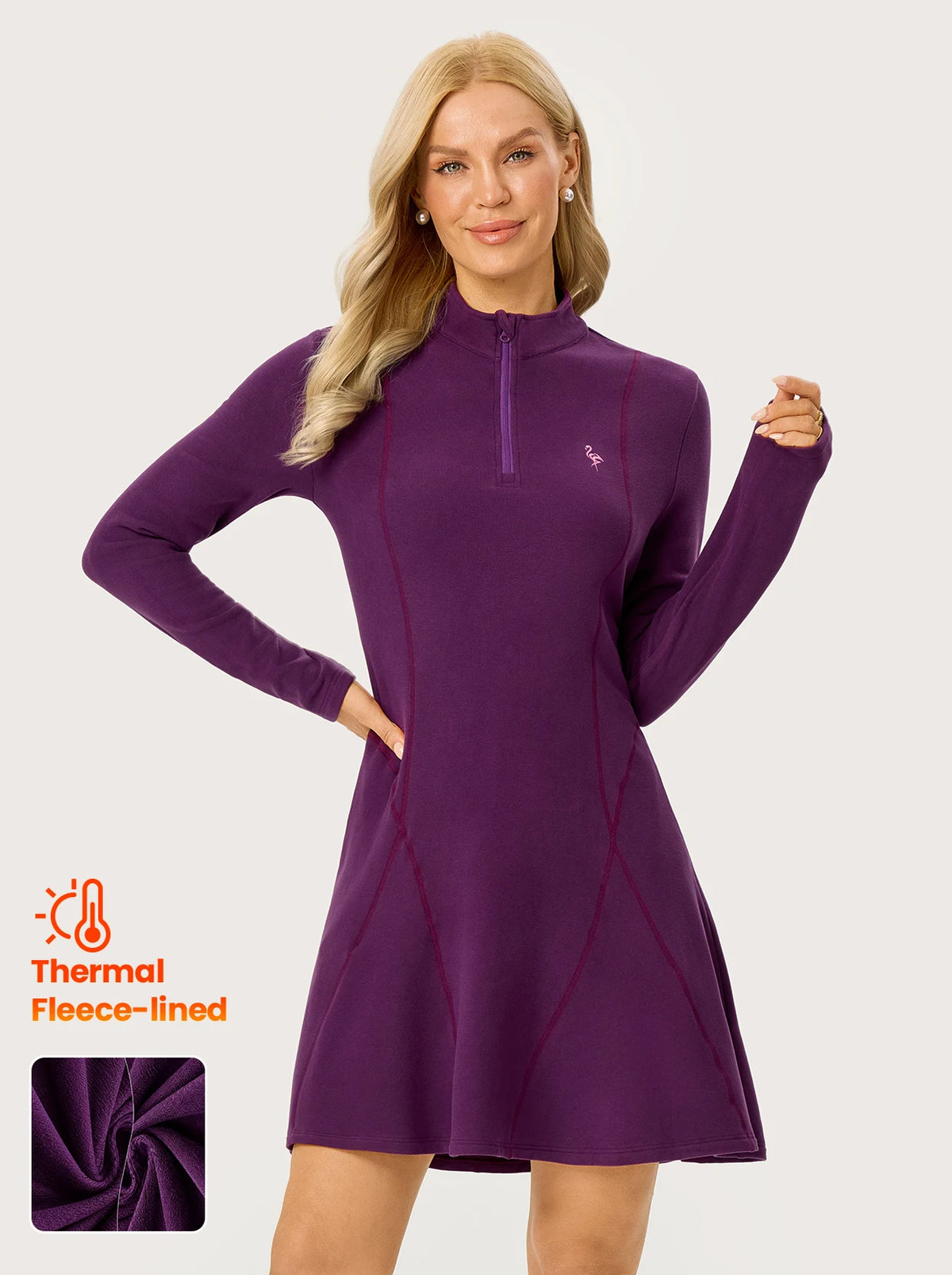 34.5" Purple Stand-collar Long-sleeve Thermal Dress with Pockets