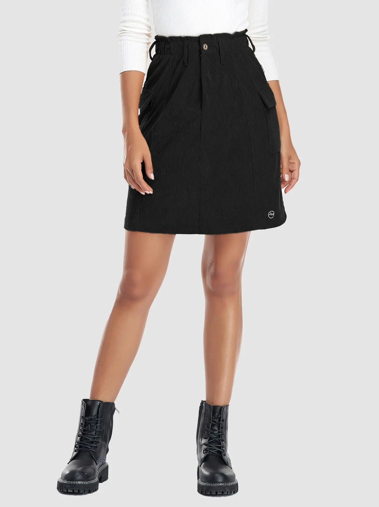 Women's Black Corduroy Paperbag-waist 19" Skirt with Pockets