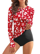 Christmas Print Quarter-zip Long-sleeve Rash Guard for Women