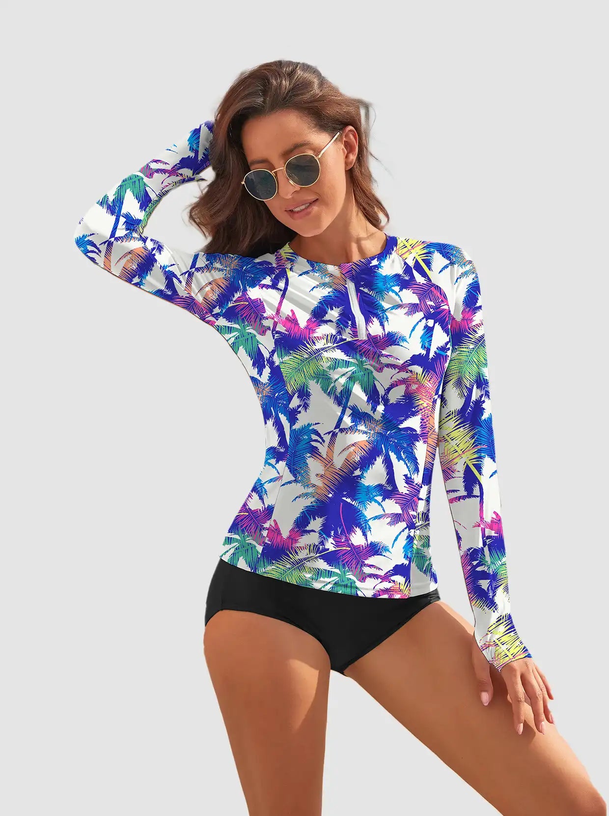 Colorful Leaves Quarter-zip Long-sleeve Rash Guard With Thumbholes 