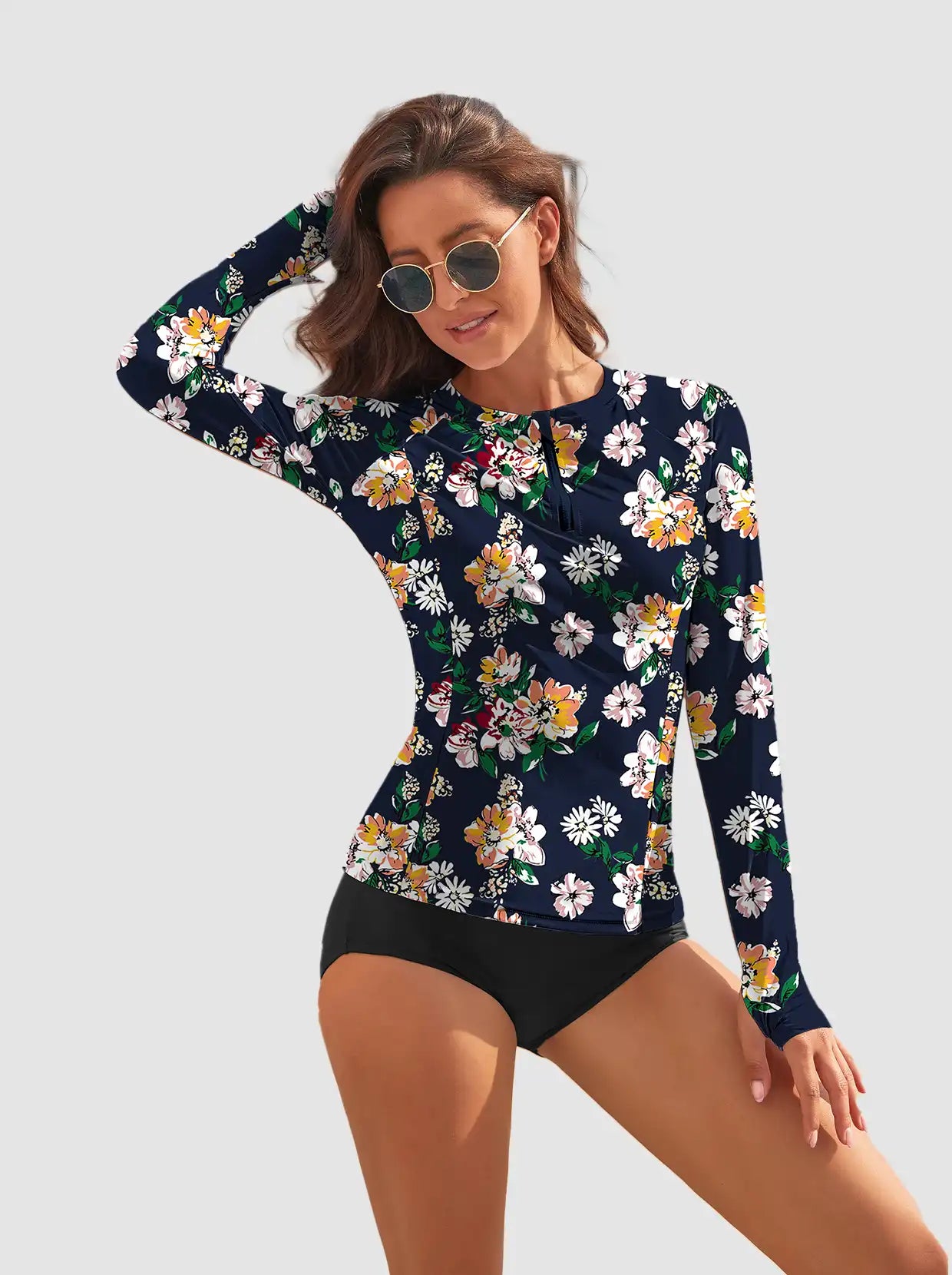 White Floral Quarter-zip Long-sleeve Rash Guard with Thumbholes 