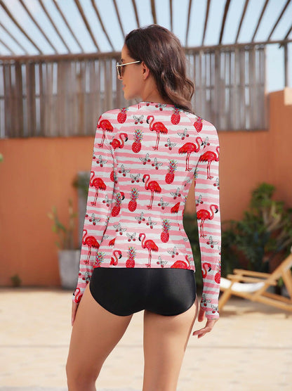 Women Rash Guard Long Sleeve- 🏄🏻‍♀️SO® Pink Striped Flamingo Zip Sun Protection Beach Wear Long Sleeve Swim Shirt Half Zip Swimsuit with Thumbholes