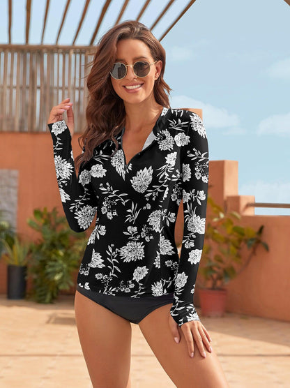 Women Rash Guard Long Sleeve- 🏄🏻‍♀️SO® White Flowers on Black Background Zip Sun Protection Beach Wear Long Sleeve Swim Shirt Half Zip Swimsuit with Thumbholes