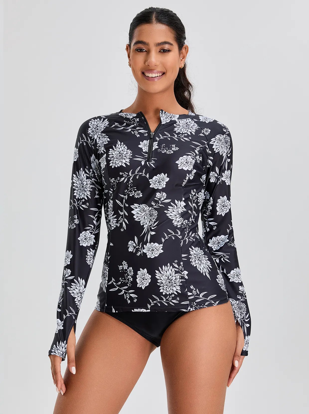 White Flowers Quarter-zip Long-sleeve Rash Guard 