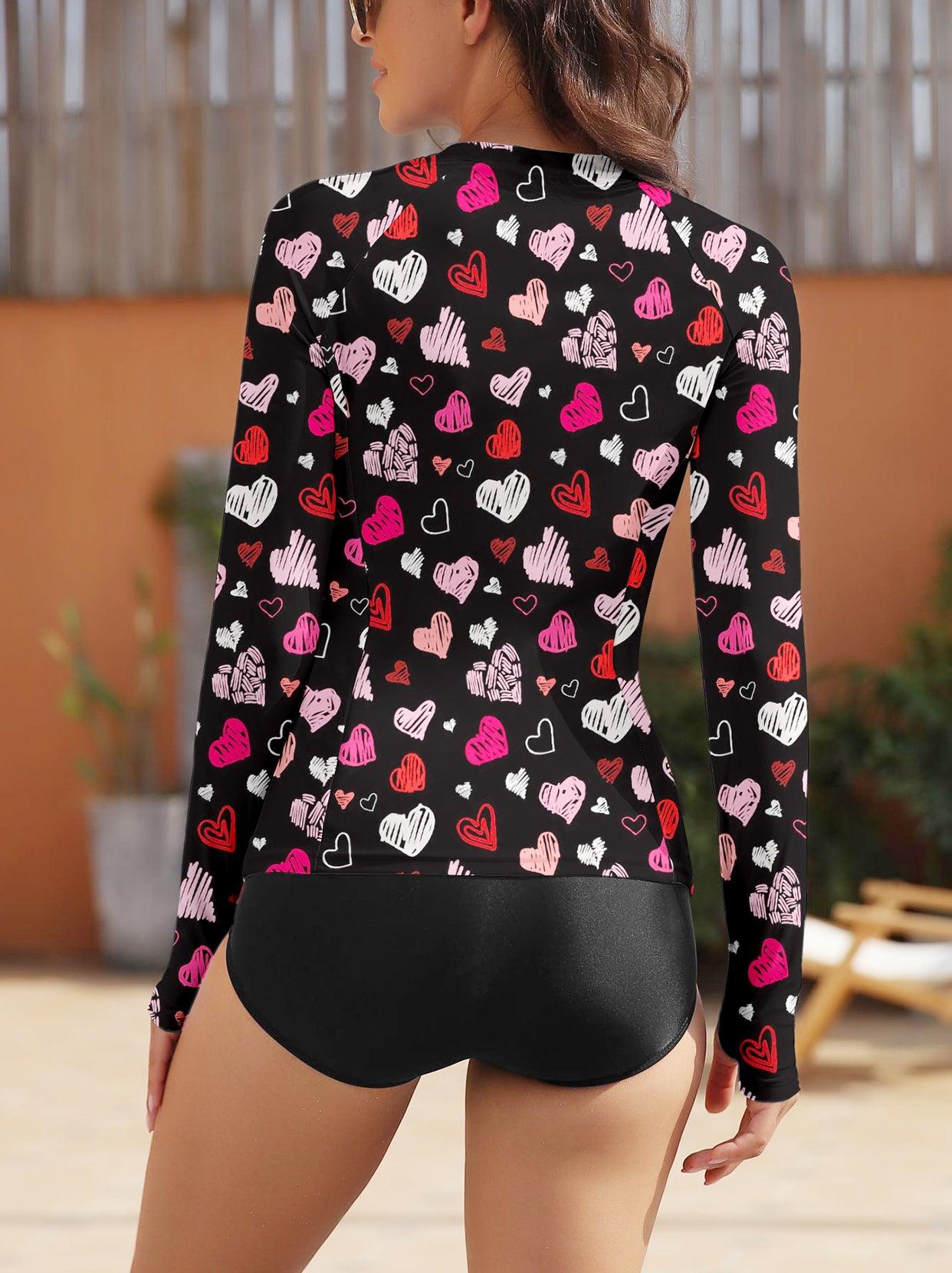 Women Rash Guard Long Sleeve- 🏄🏻‍♀️SO® Heart Print on Black Background Zip Sun Protection Beach Wear Long Sleeve Swim Shirt Half Zip Swimsuit with Thumbholes