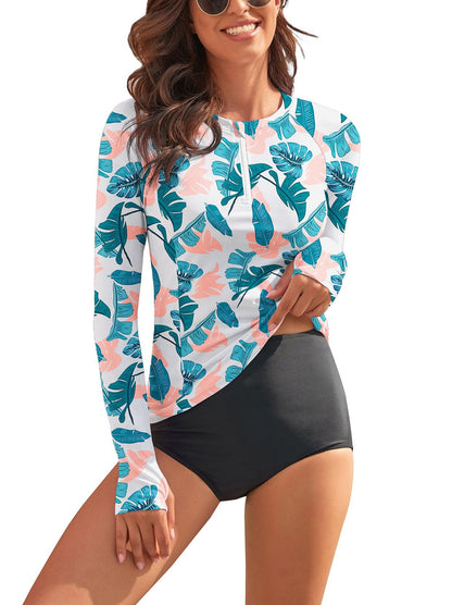 Women Rash Guard Long Sleeve- 🏄🏻‍♀️SO® Pink and Green Coconut Leaves Zip Sun Protection Beach Wear Long Sleeve Swim Shirt Half Zip Swimsuit with Thumbholes