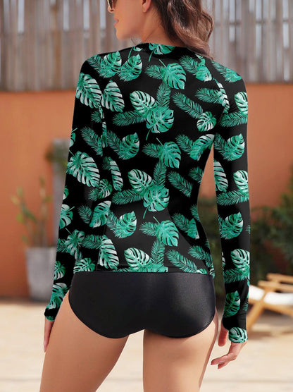 Women Rash Guard Long Sleeve- 🏄🏻‍♀️SO® Green Leaves on Black Background Zip Sun Protection Beach Wear Long Sleeve Swim Shirt Half Zip Swimsuit with Thumbholes