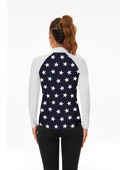 White Star on Dark Blue Background V-Neck Long Sleeve Polo Shirt for Ladies