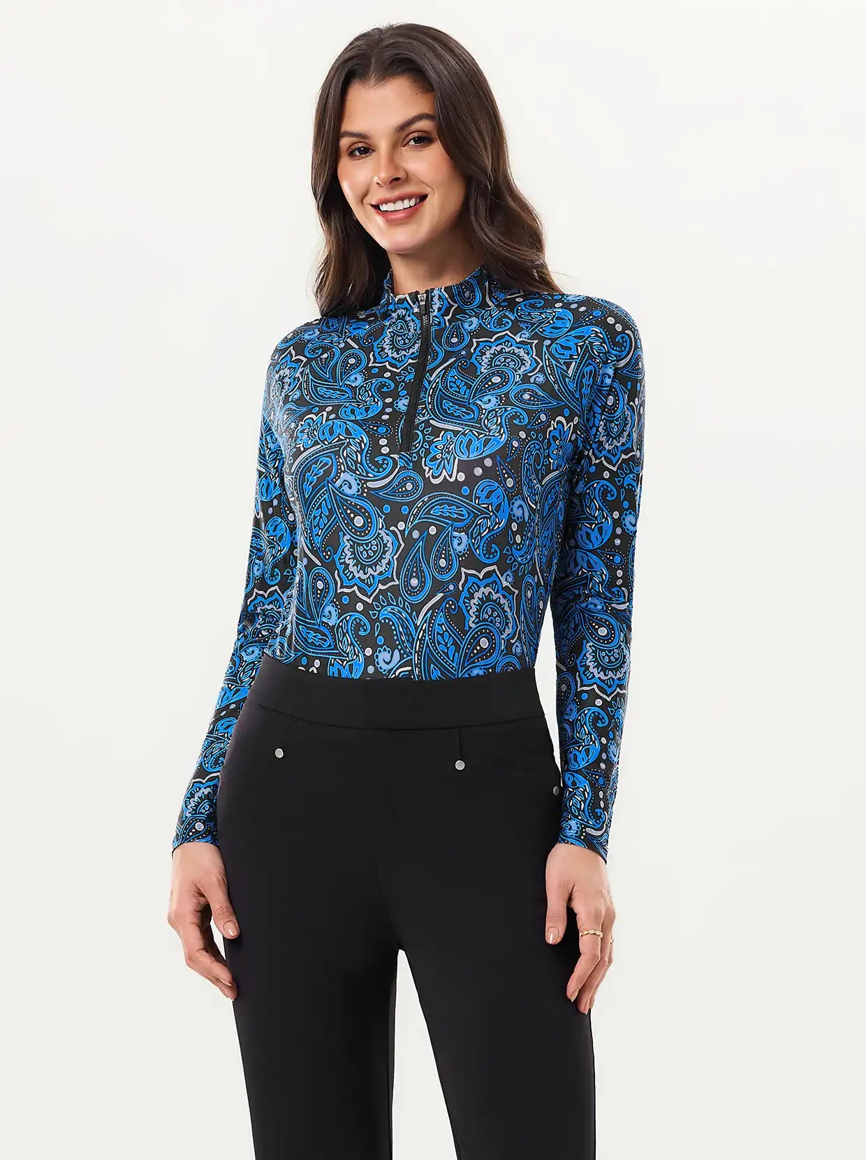 Blue and Black Paisley Quarter-zip Long-sleeve Shirt