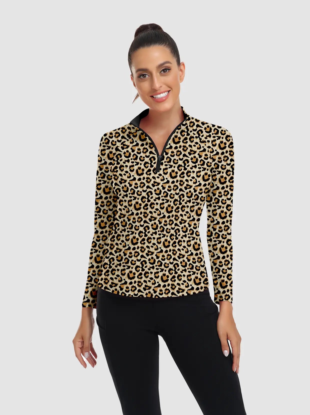 Leopard Print Quarterzip Long-sleeve Shirt for Women 