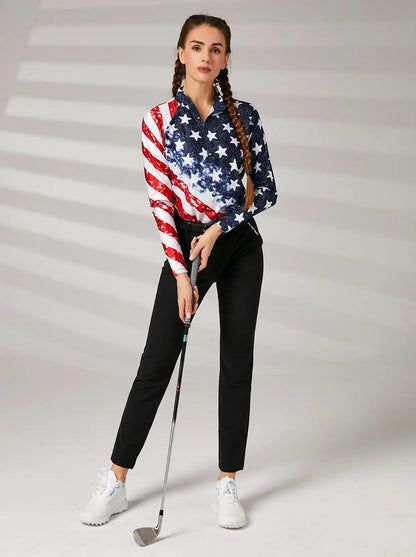 American Flag Quarterzip Long Sleeve Polo - Suitable for Workout