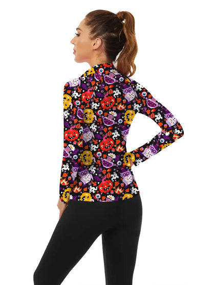 Halloween Colorful Pumpkin Quarter-zip Long-sleeve Shirt for Women