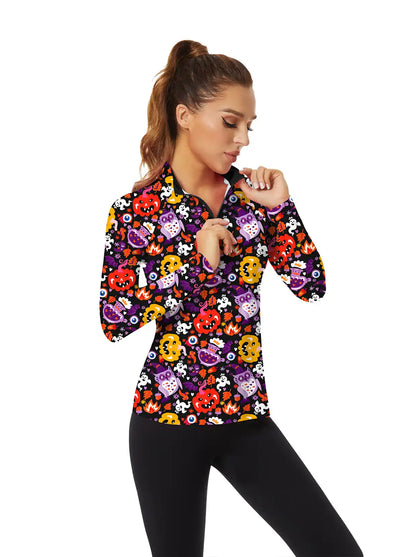 Halloween Colorful Pumpkin Quarter-zip Long-sleeve Shirt for Women