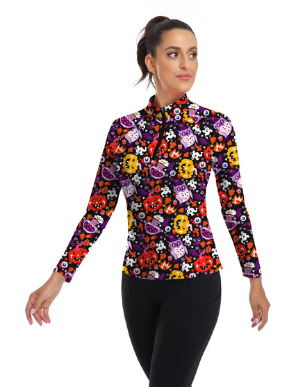 Halloween Colorful Pumpkin Quarter-zip Long-sleeve Shirt for Women