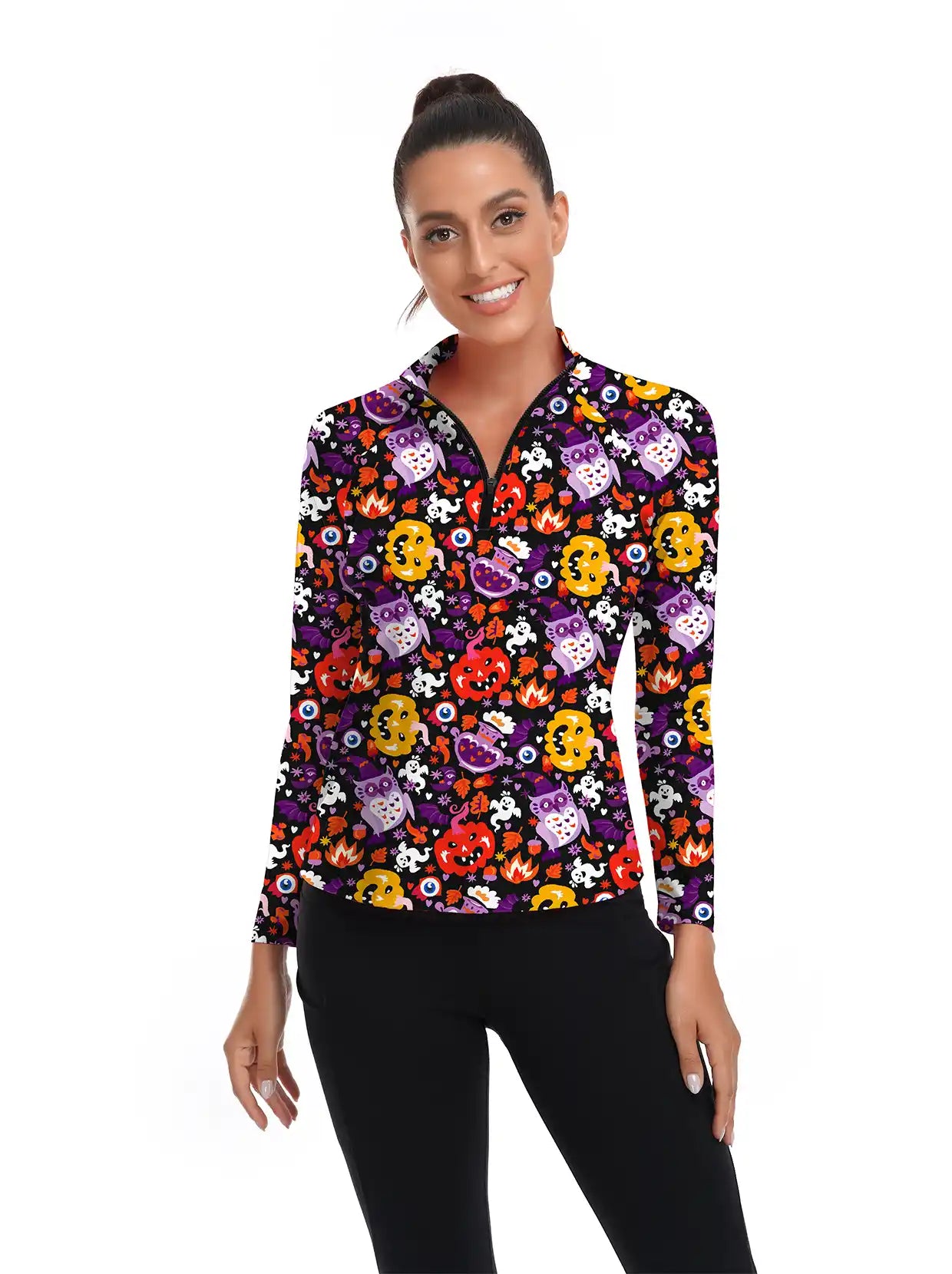 Halloween Colorful Pumpkin Quarter-zip Long-sleeve Shirt for Women