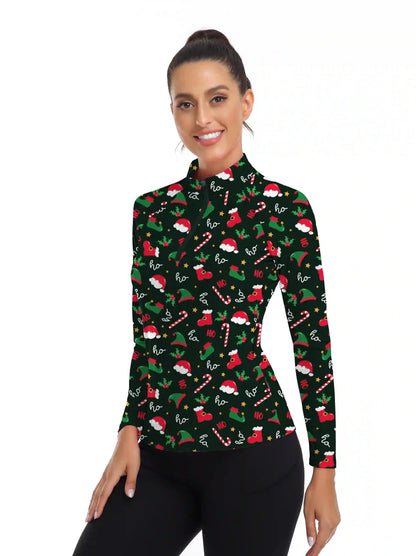 Christmas Hat Quarter-zip Long Sleeve Shirt for Ladies