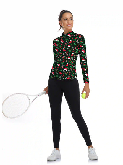 Christmas Hat Quarter-zip Long Sleeve Shirt for Ladies