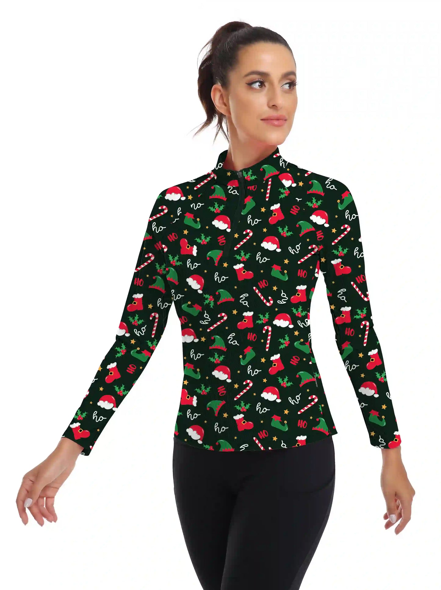 Christmas Hat Quarter-zip Long Sleeve Shirt for Ladies