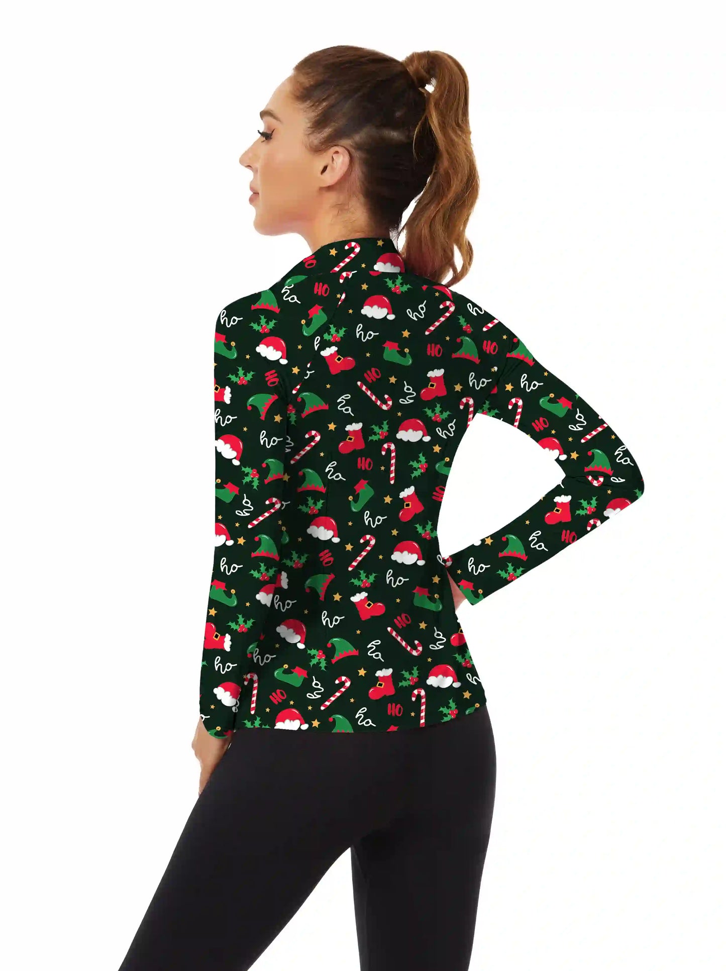 Christmas Hat Quarter-zip Long Sleeve Shirt for Ladies