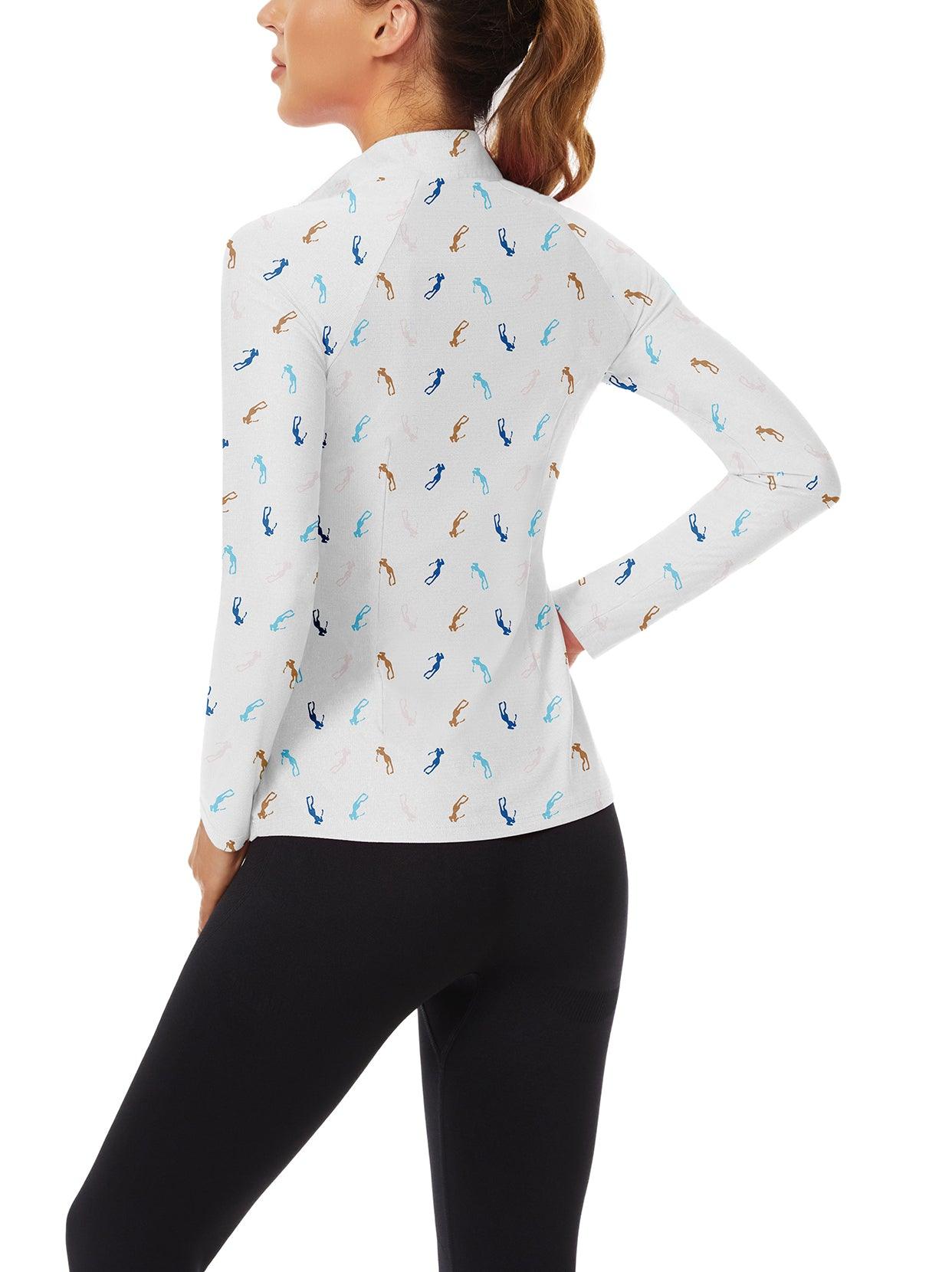 Black and White Printing V-Neck Long Sleeve Polo Shirt for Ladies