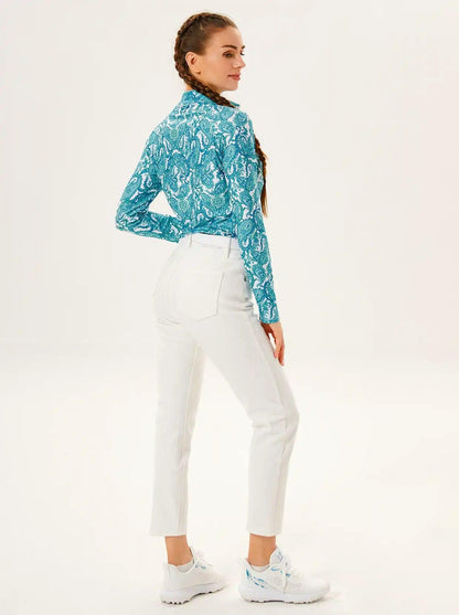 White Leaves on Colorful Background V-Neck Long Sleeve Polo Shirt for Ladies