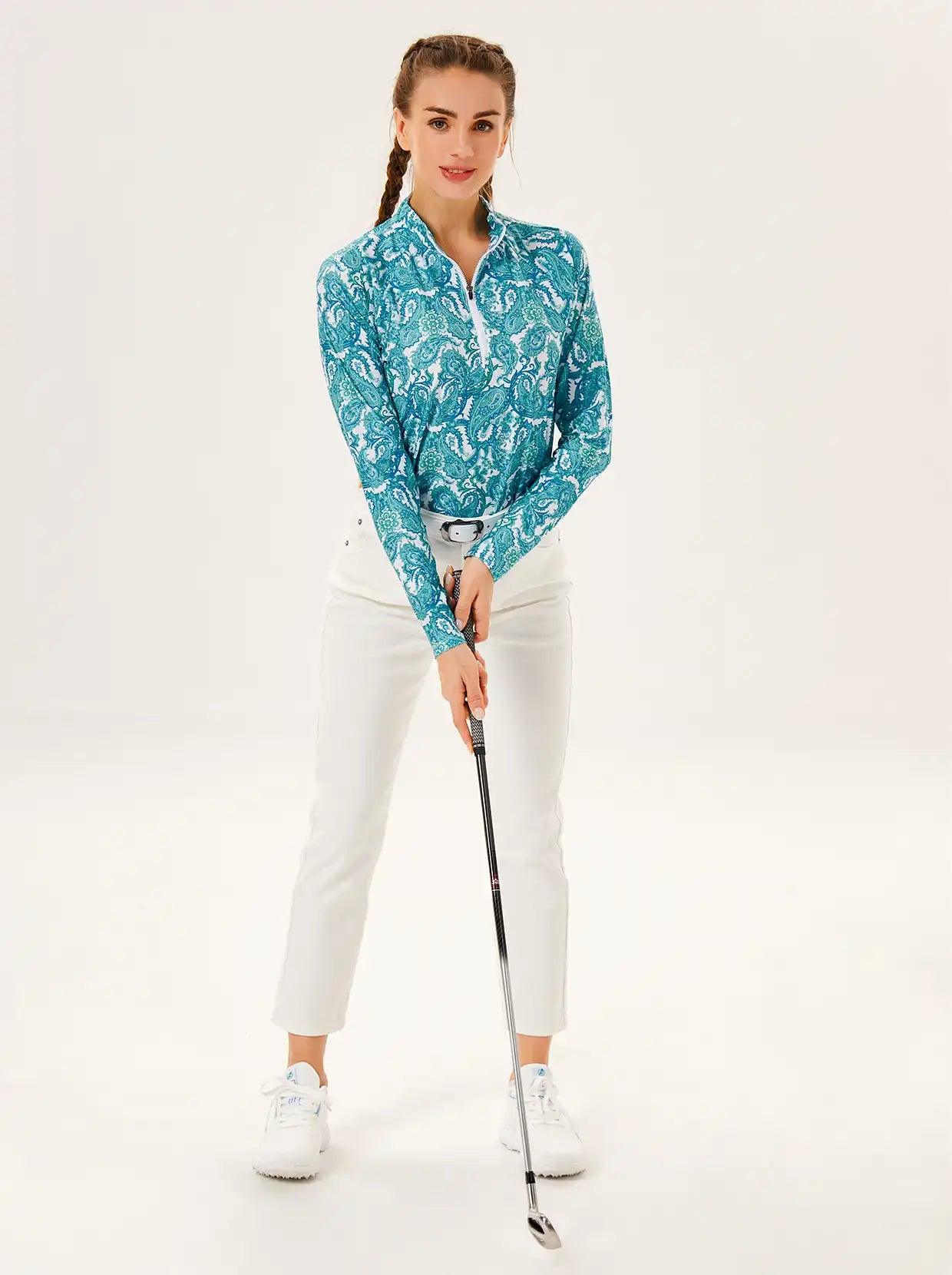 White Leaves on Colorful Background V-Neck Long Sleeve Polo Shirt for Ladies