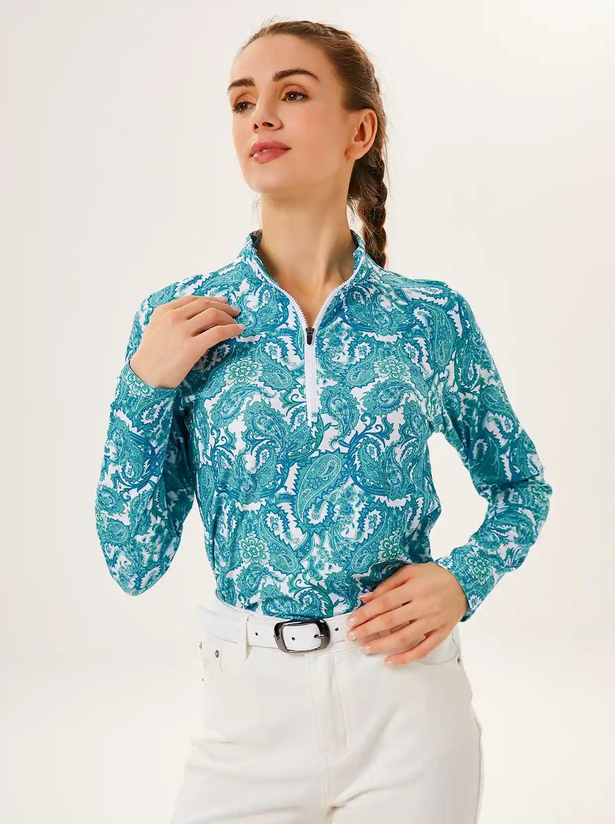 White Leaves on Colorful Background V-Neck Long Sleeve Polo Shirt for Ladies