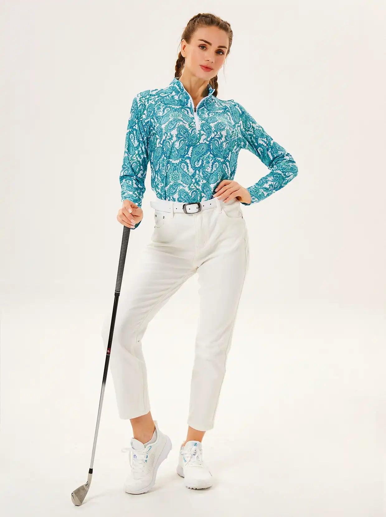 White Leaves on Colorful Background V-Neck Long Sleeve Polo Shirt for Ladies