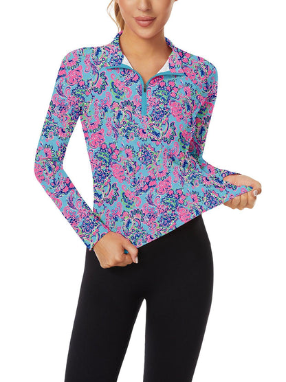 Blue Floral V-Neck Long Sleeve Polo Shirt for Ladies