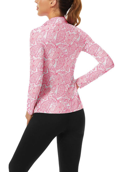 Pink Floral V-Neck Long Sleeve Polo Shirt for Ladies