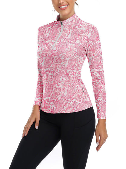 Pink Floral V-Neck Long Sleeve Polo Shirt for Ladies